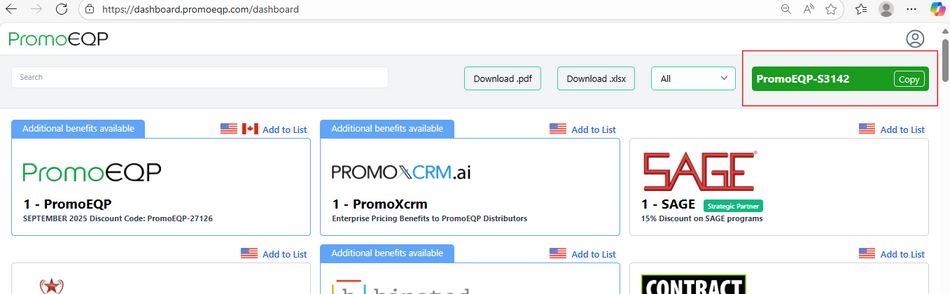 The PromoEQP dashboard, with the current monthly code and a Copy button highlighted at the top right.