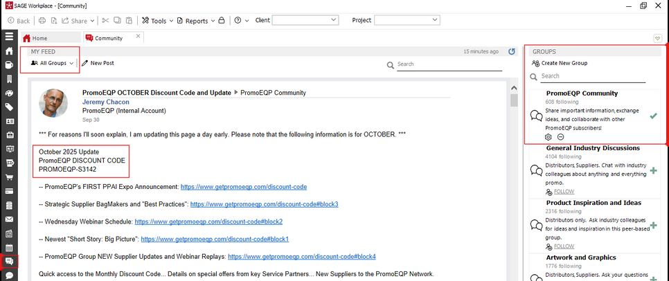SAGE Workplace showing the monthly PromoEQP update posted in the PromoEQP Community group.